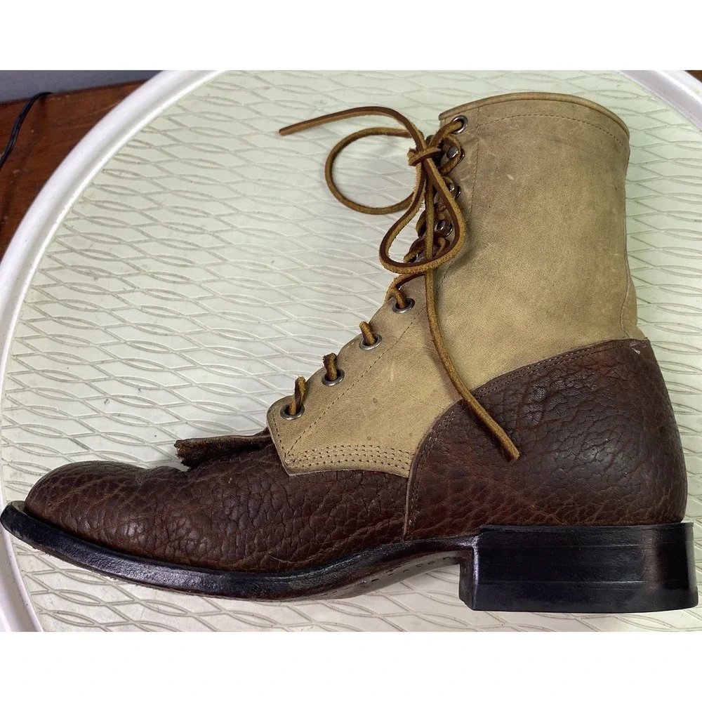 Justin Men's Vintage Leather Kiltie Lacer Brown&Tan Lace-up Boots USA 7.5 D